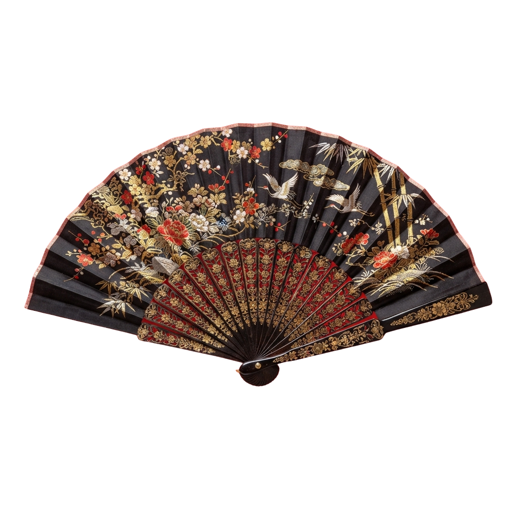 Decorative fan featuring floral patterns in red, gold, and green on a dark background with birds and bamboo motifs