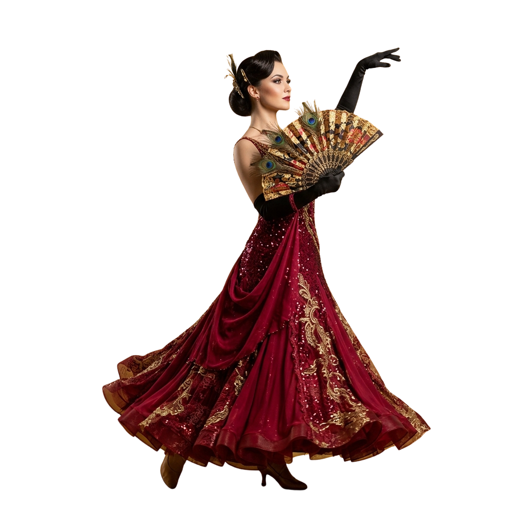 A woman performing flamenco dance in a red sequined dress holding a decorative fan, black gloves, and ornate jewelry.