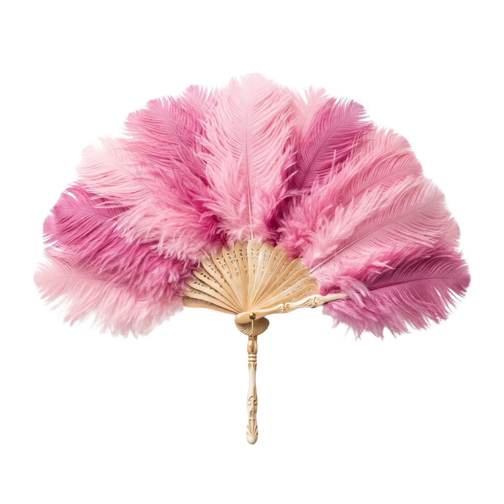 A pink feather hand fan with a wooden handle displayed against a black background