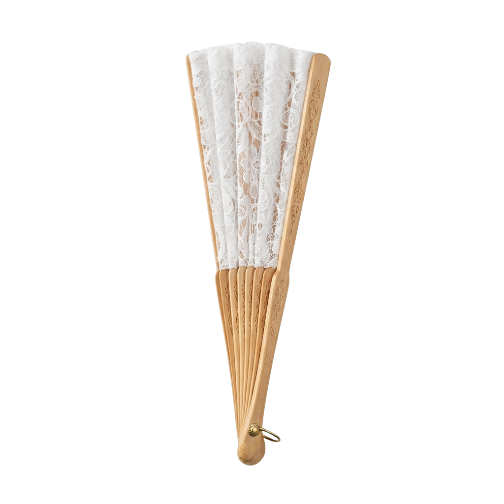 A decorative hand fan with ivory lace panels and light wooden sticks