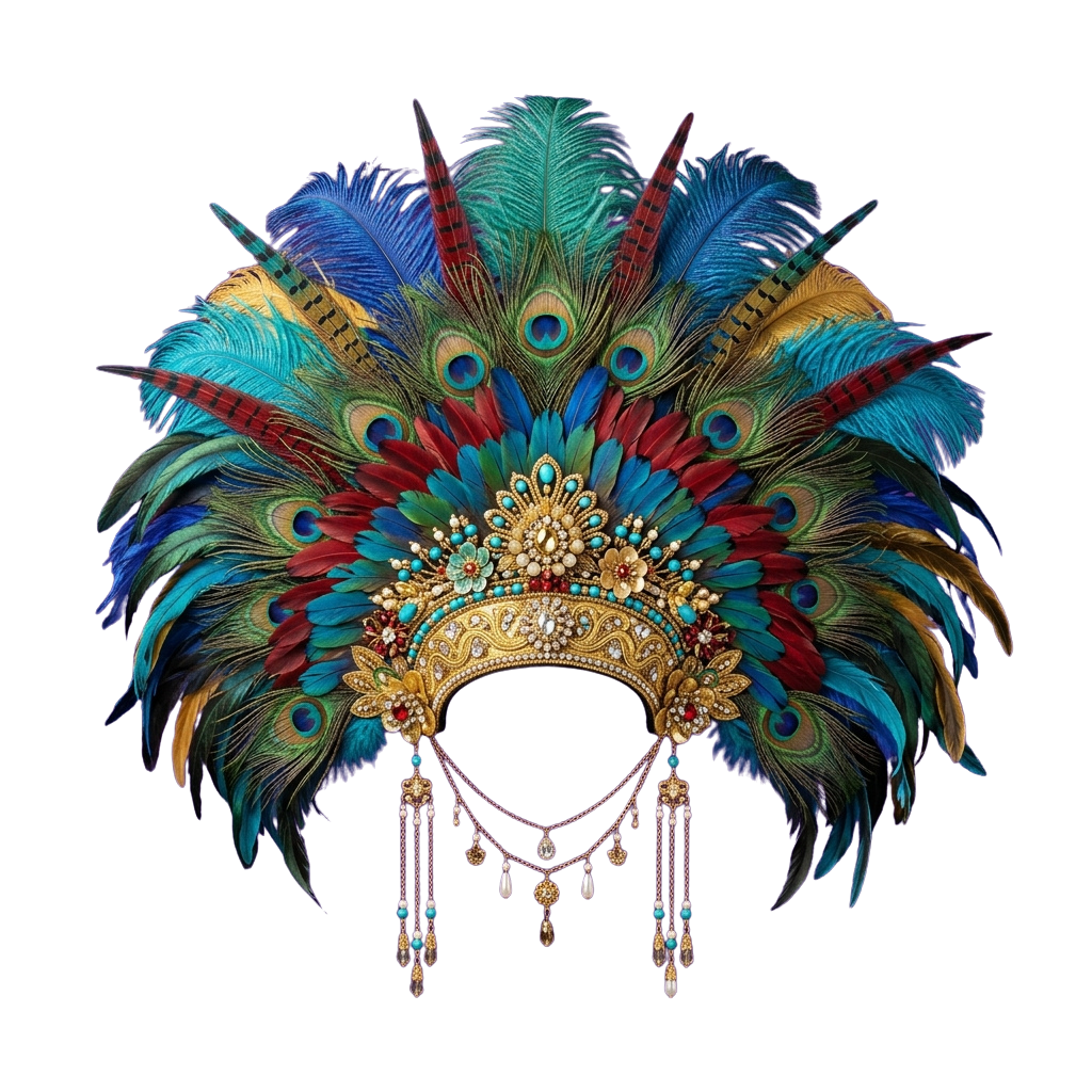 Elaborate headdress made of vibrant peacock feathers and gold decorative elements with dangling ornaments