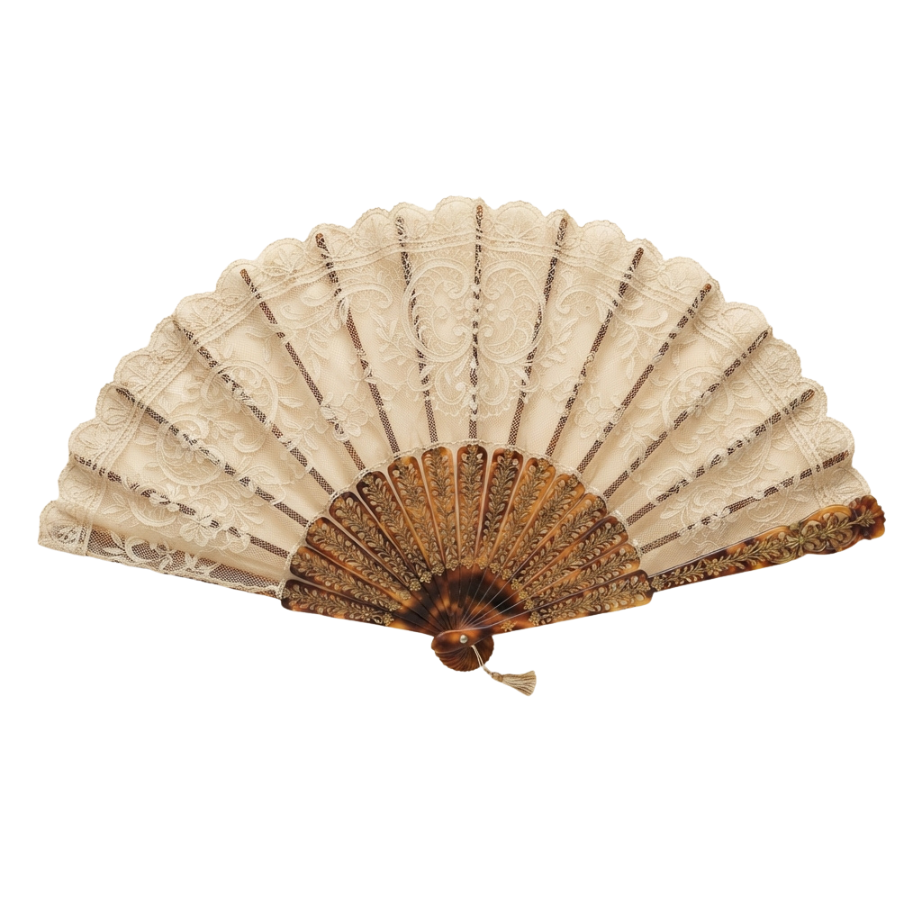 An antique-style fan with white lace and gold accents, partially open against a black background