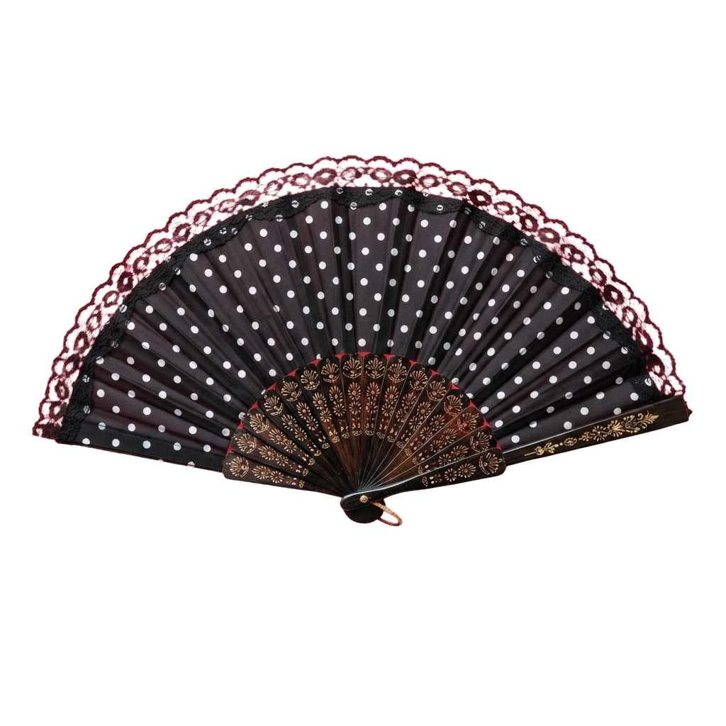 Decorative fan with black and white polka dots, red lace trim, and gold embellished handle