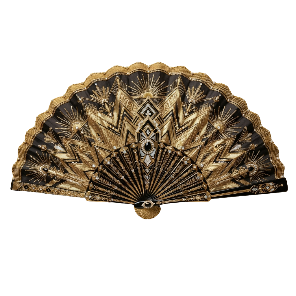 Decorative antique fan featuring gold detailing, black background, and gemstone accents arranged in a symmetrical pattern