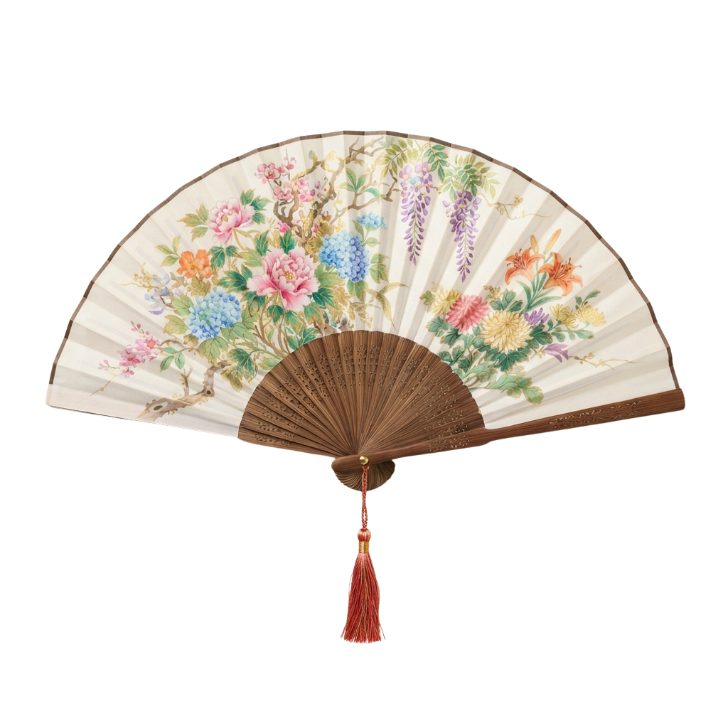 A decorative hand fan featuring floral artwork and a wooden handle with a red tassel