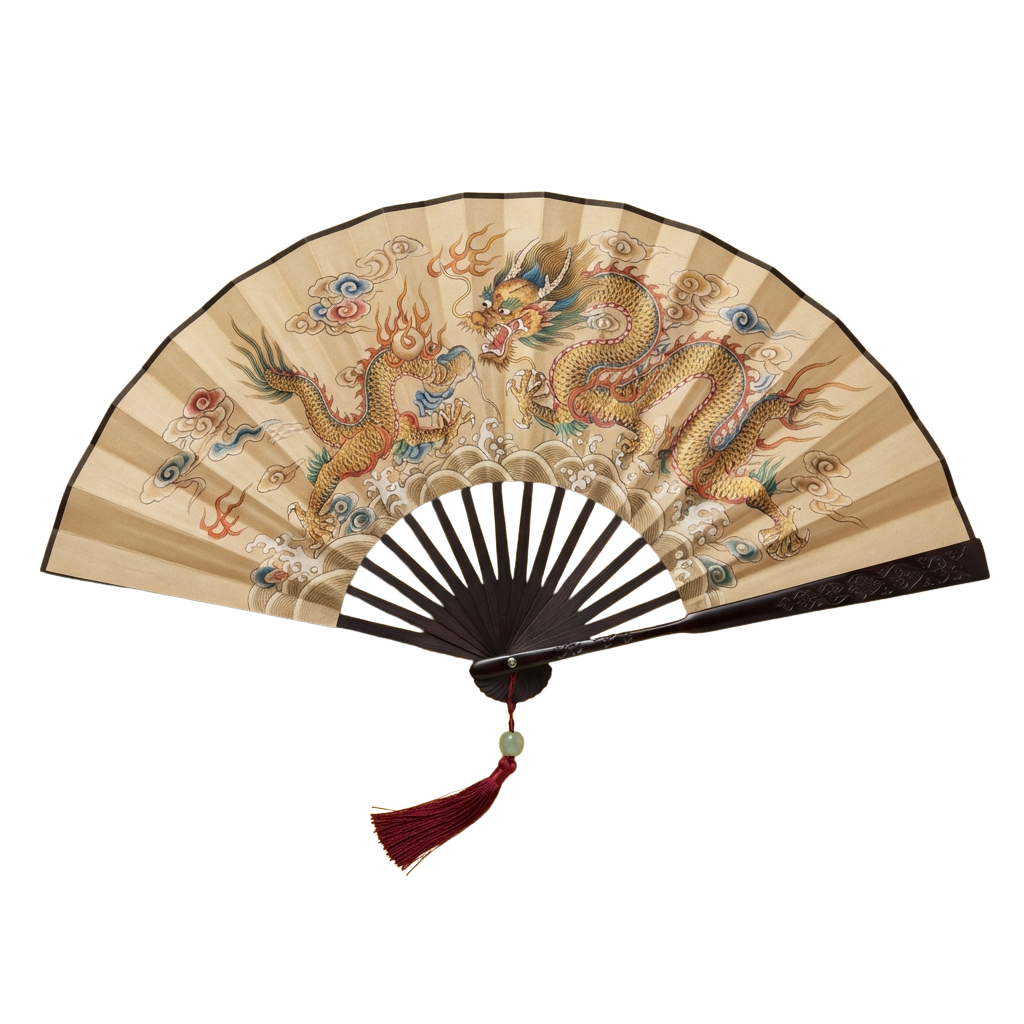 Decorative fan featuring two stylized dragons with intricate cloud and flame patterns