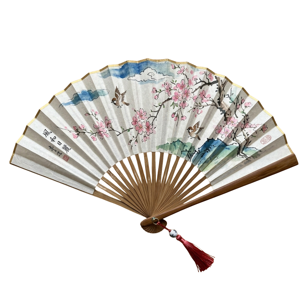 Decorative Japanese fan featuring cherry blossoms, birds, and a scenic landscape in watercolor style