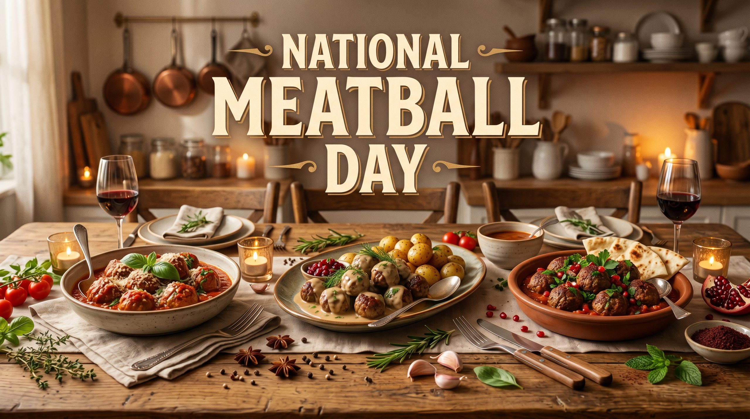 A table set with meatballs, potatoes, and wine glasses
