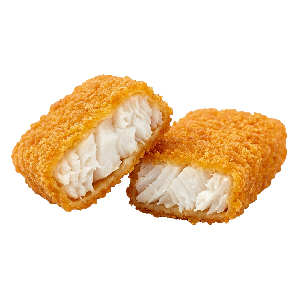 Two golden fried chicken bites cut open showing juicy white meat inside
