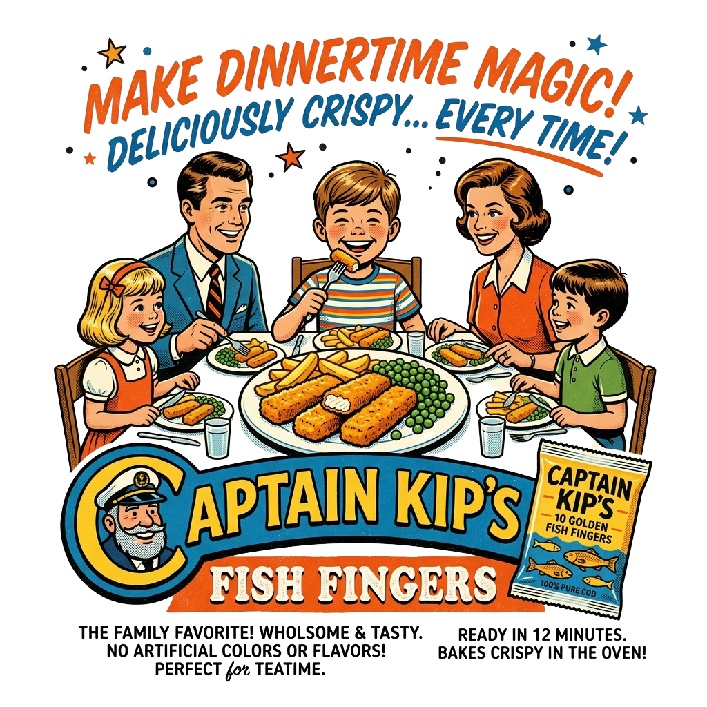Happy family eating fish fingers and peas at a dinner table with a vintage advertisement style.