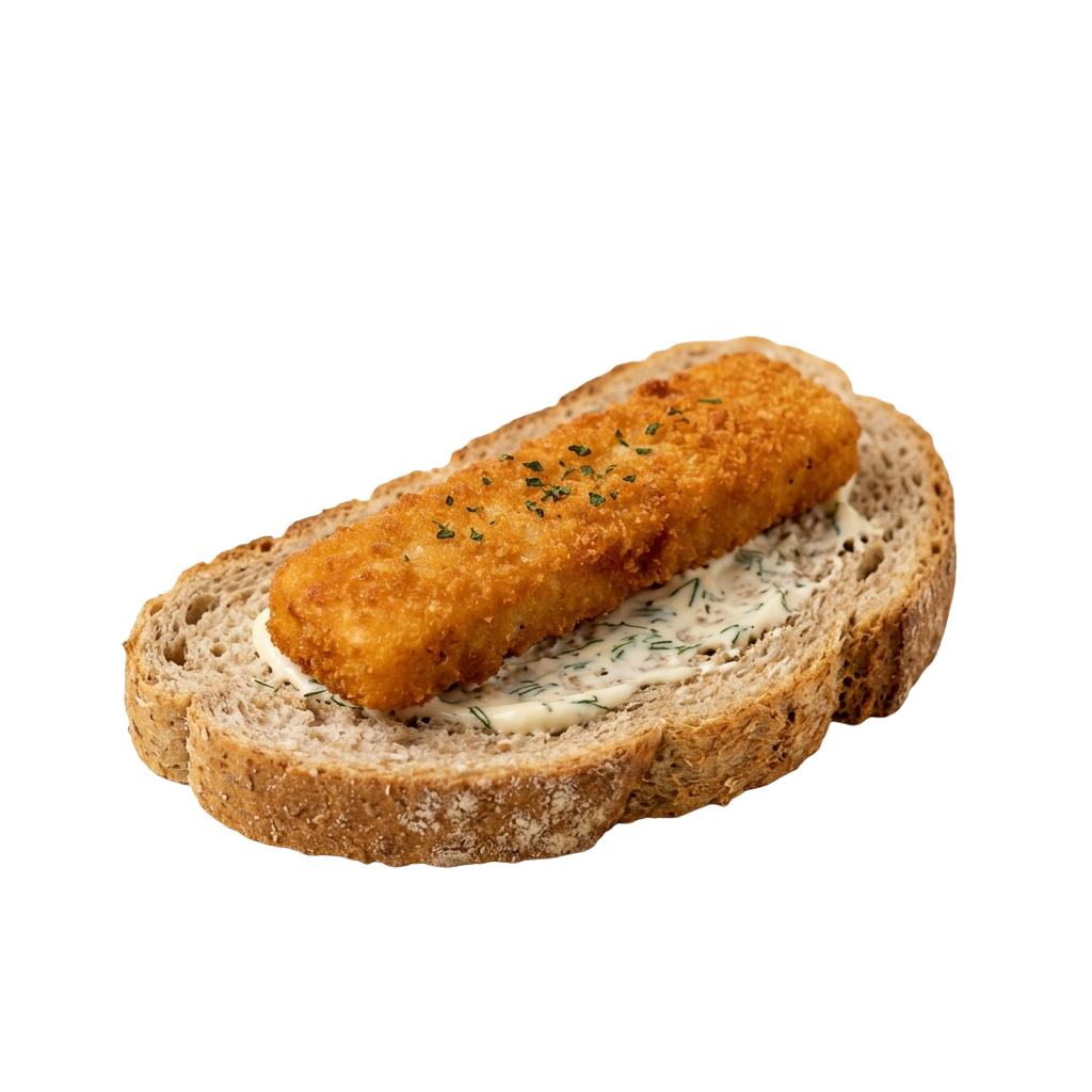 A golden fried crab stick topped with herbs on a slice of toasted bread with a creamy sauce.