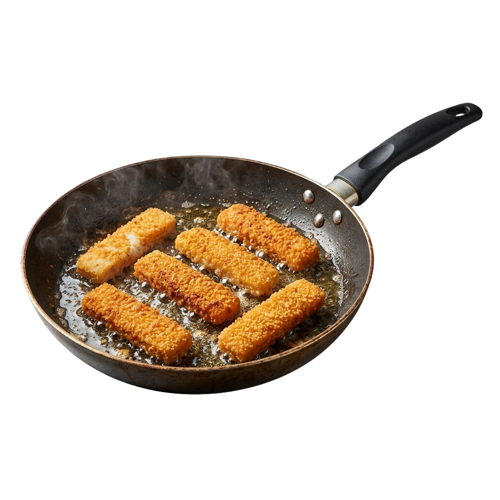 A black frying pan with hot oil containing golden brown fried chicken tenders