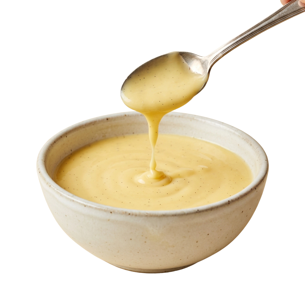 A spoon pouring a thick yellow sauce into a light-colored ceramic bowl