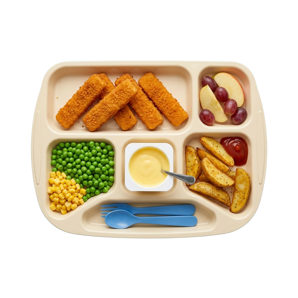 A compartmentalized tray containing tater tots, peas, corn, fruit, and dip with utensils