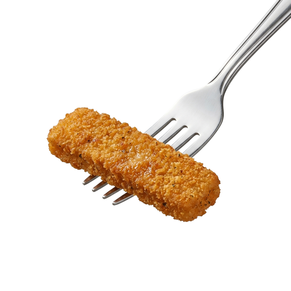 A silver fork holding three golden-brown fried chicken tenders against a dark background