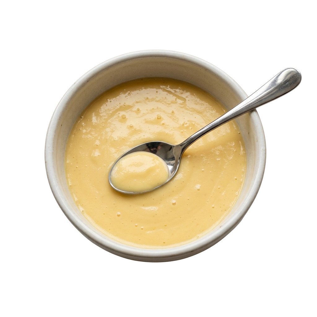 A white bowl filled with creamy yellow soup and a spoon resting inside it