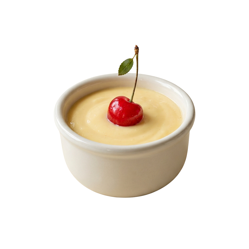 A small white ramekin filled with creamy yellow dessert topped with a skewered red cherry and green leaf