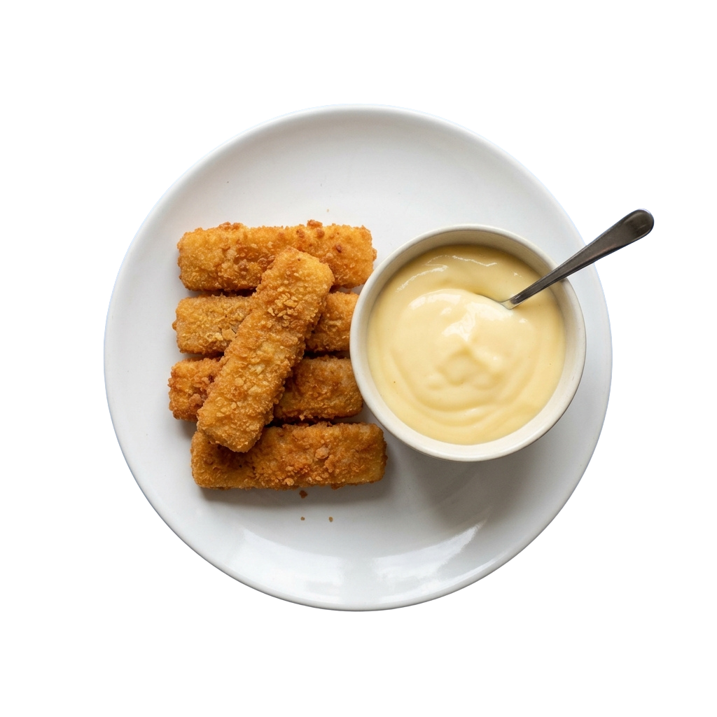 Crispy golden fried chicken tenders on a plate with a small bowl of creamy sauce and a spoon
