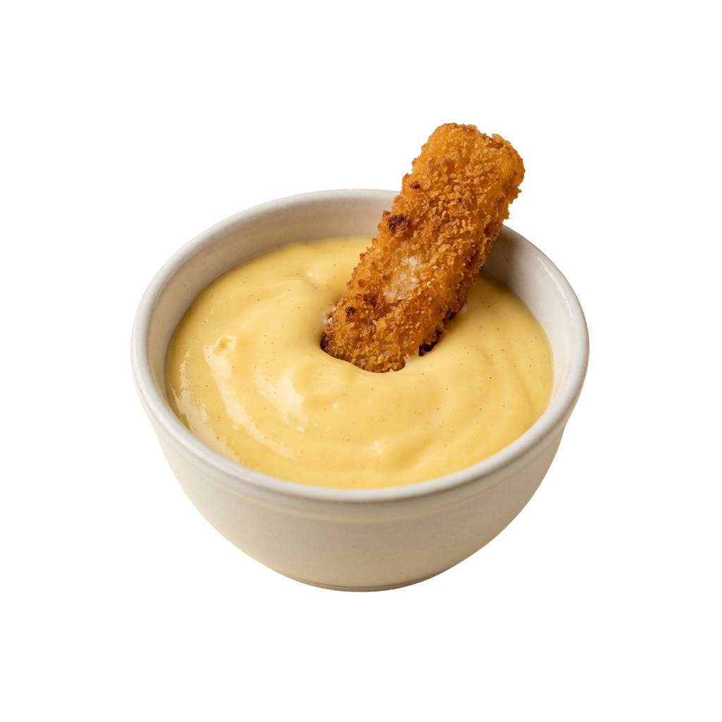 A golden fried chicken tender dipped in a small bowl of creamy yellow sauce