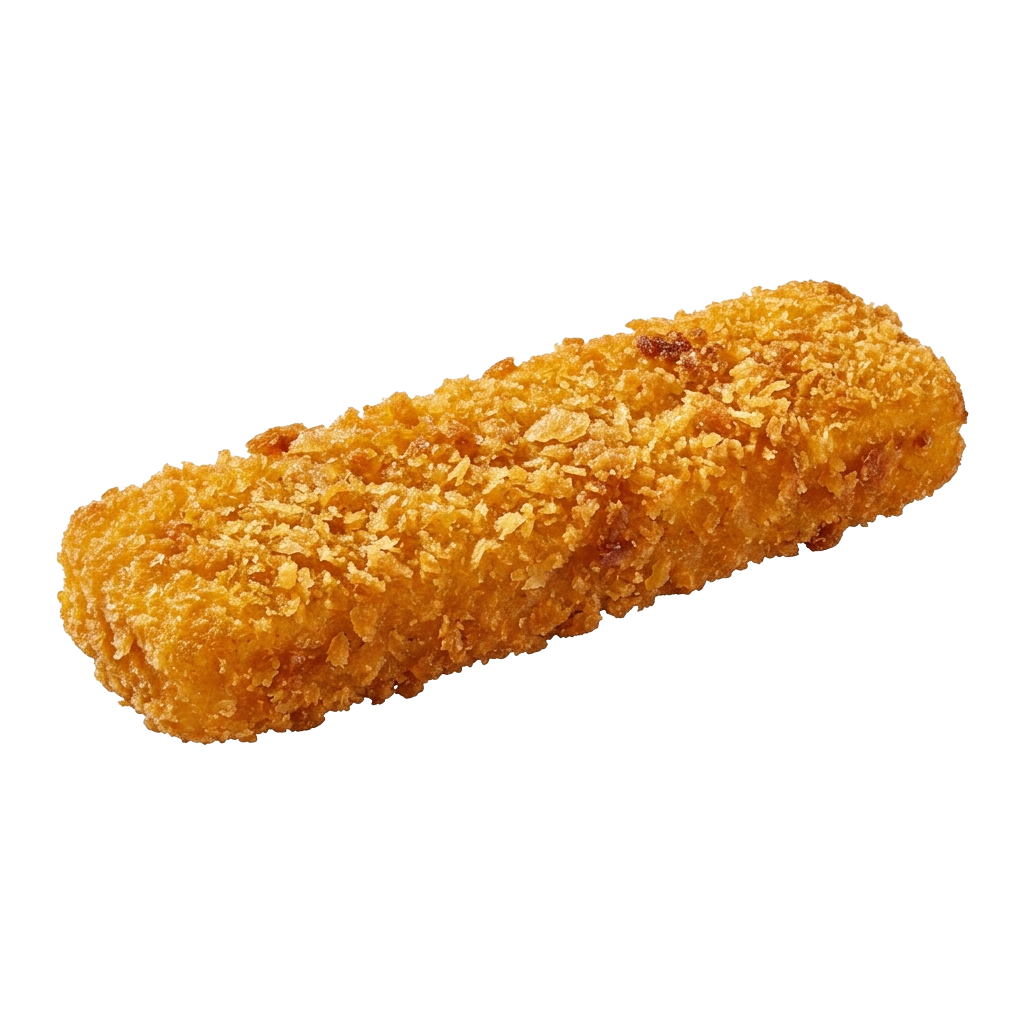 A single golden brown fried chicken tender with a crunchy coating