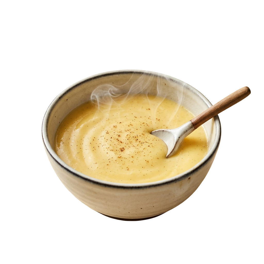 A ceramic bowl filled with steaming yellow cream soup and a wooden spoon resting inside.
