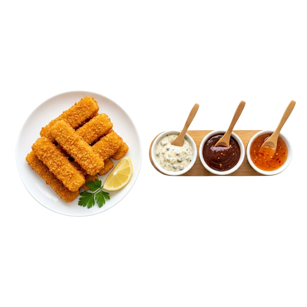 Crispy golden fried chicken strips on a plate with lemon wedge and parsley, served with three dipping sauces in small bowls