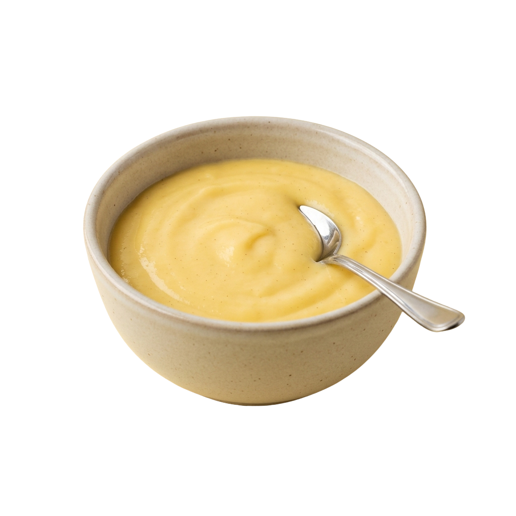 A ceramic bowl filled with a smooth yellow dessert, accompanied by a spoon.