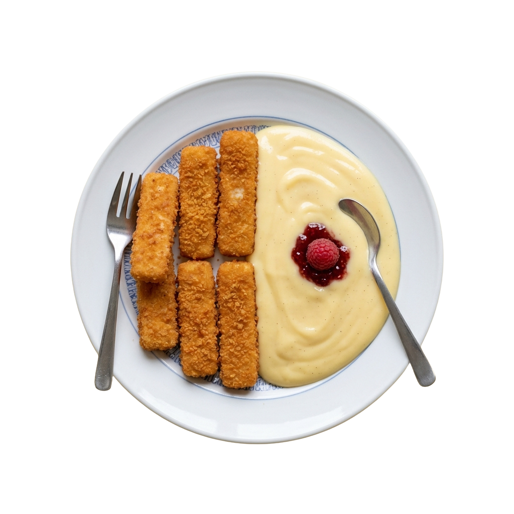 A plate with golden fried tater tots on the left and creamy yogurt with raspberry topping on the right, served with a fork and spoon
