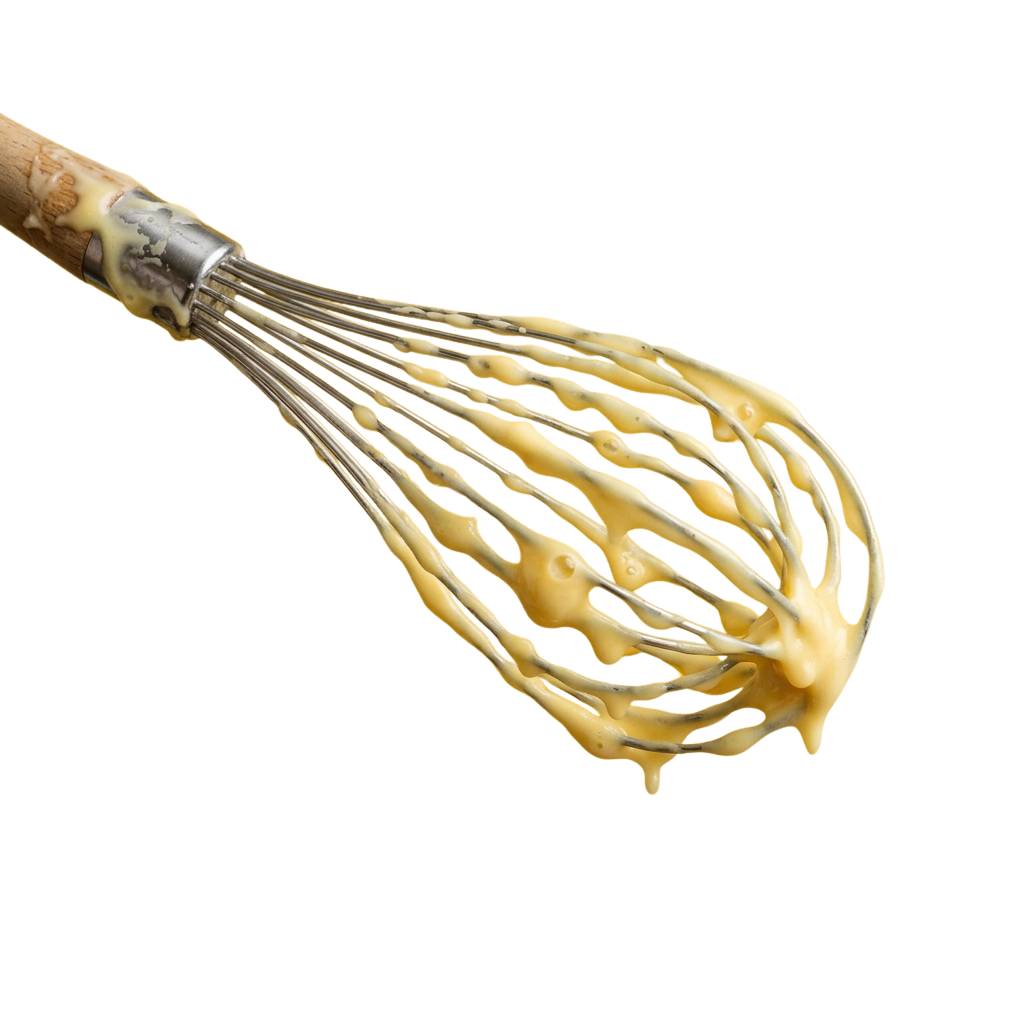 A whisk with a yellow egg yolk mixture dripping from its wires against a black background