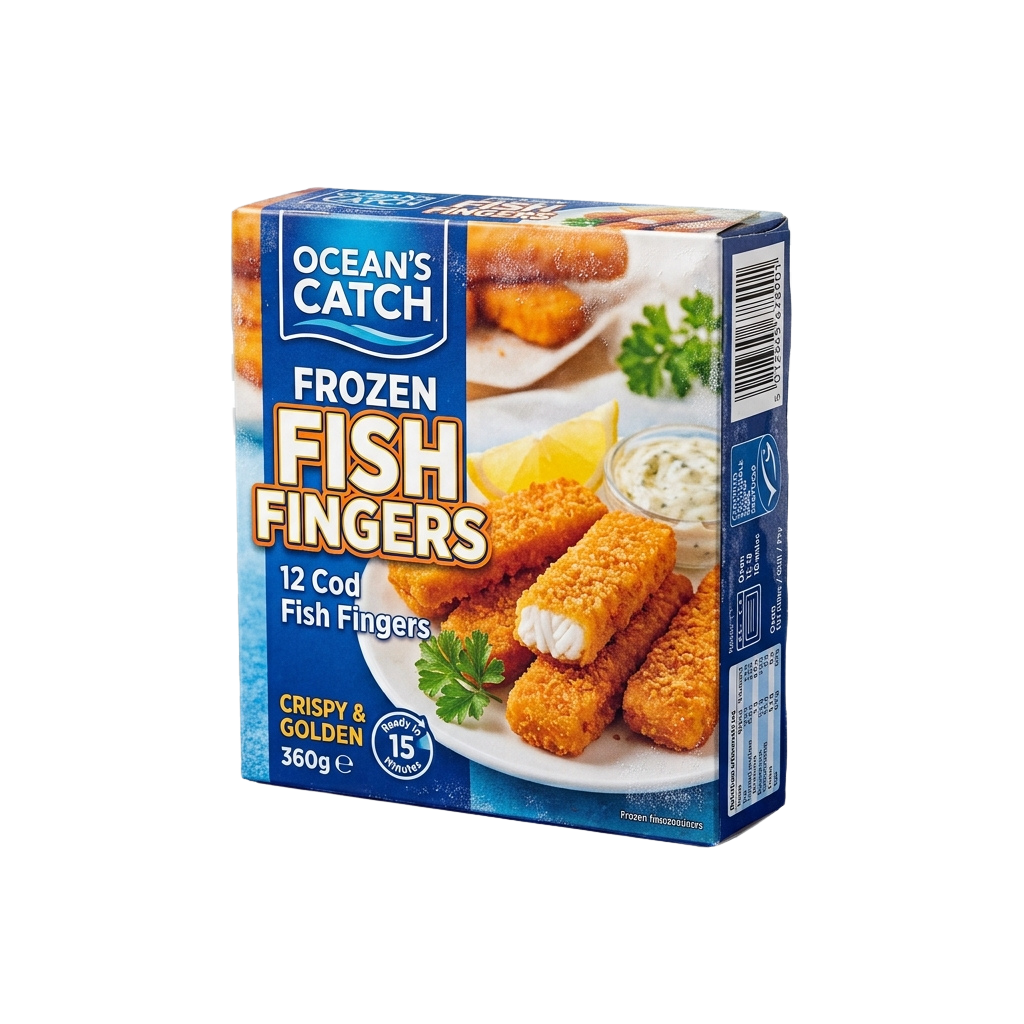 Box of frozen cod fish fingers labeled crispy and golden, containing 12 pieces weighing 360 grams