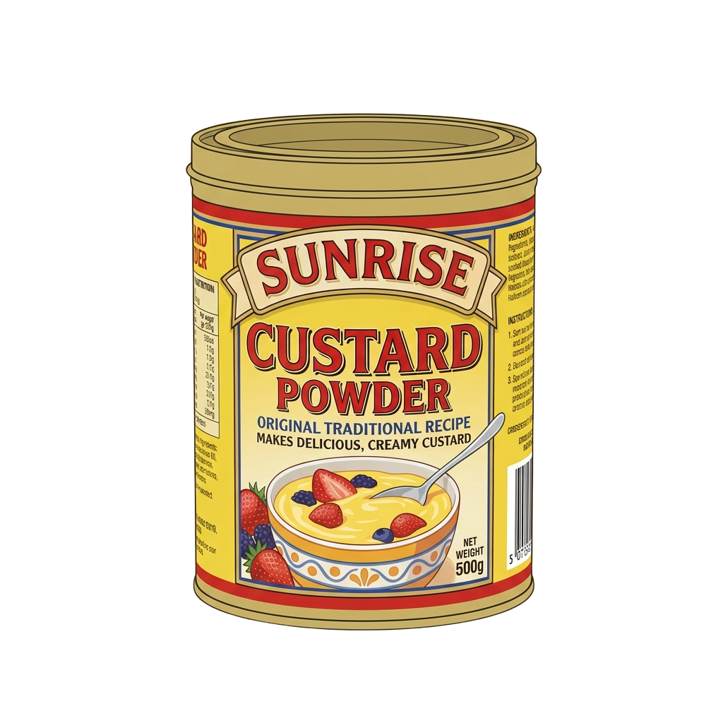 Canister of custard powder labeled Sunrise with a picture of creamy custard topped with berries