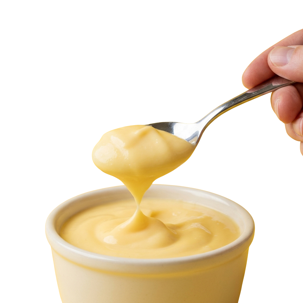 A spoonful of thick yellow dessert yogurt being lifted from a white cup.