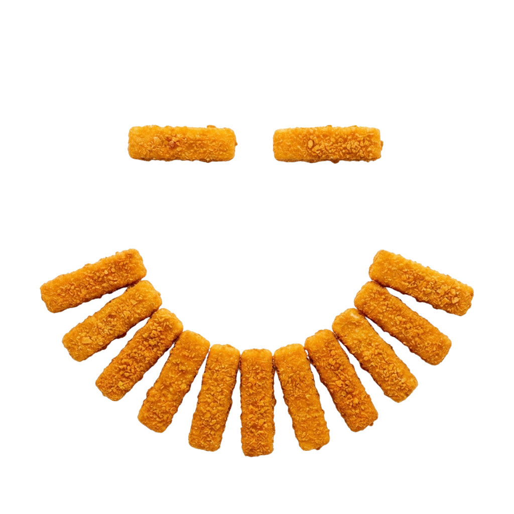 Smiley face composed of golden cheesy breadstick pieces against a black background