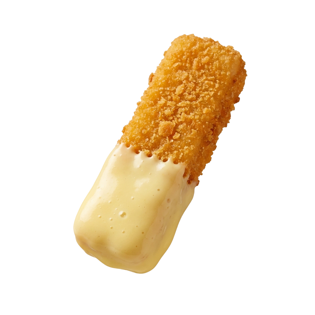 A golden-brown, crunchy-coated cheese snack stick on a black background