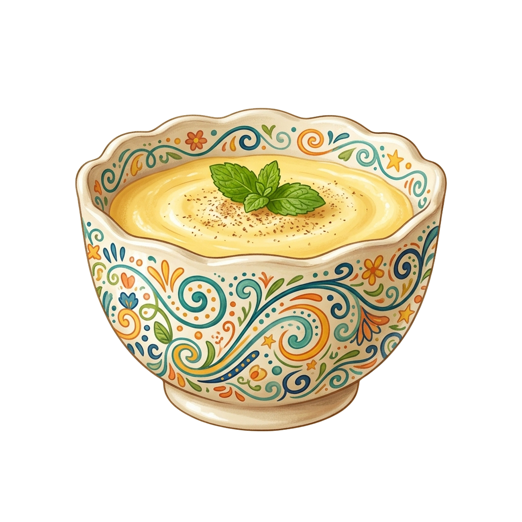 Ceramic bowl with colorful swirling patterns containing creamy soup topped with a fresh herb leaf