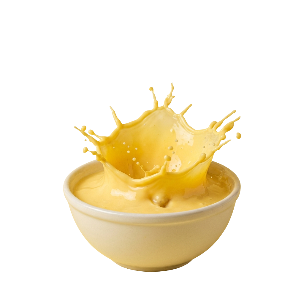 A bowl of thick yellow liquid with a splash of the same liquid pouring out of it