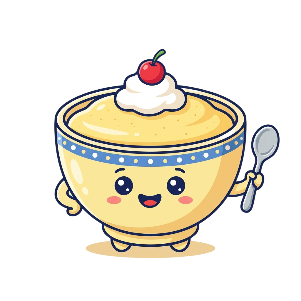 Animated smiling bowl of dessert with whipped cream and cherry on top, holding a spoon