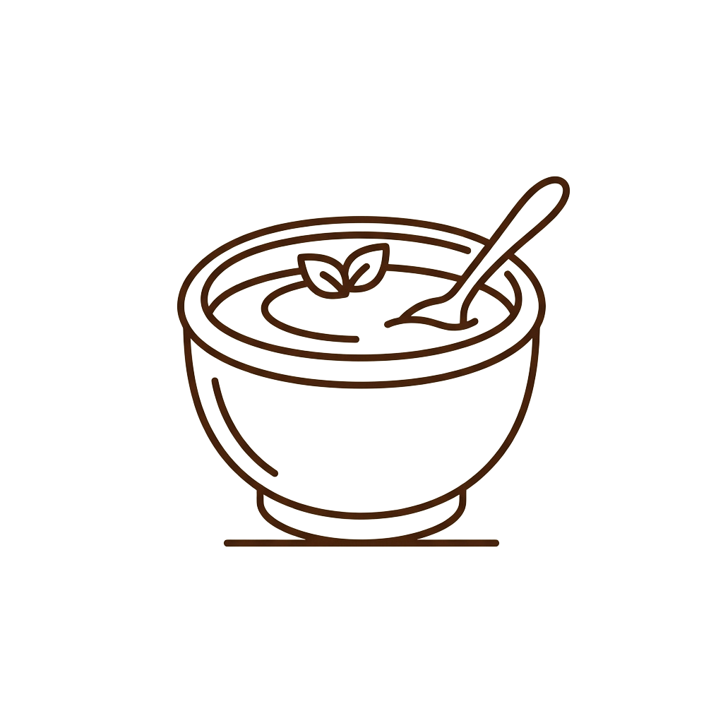 A brown ceramic bowl with a spoon resting inside it, depicted in a minimalist line drawing style