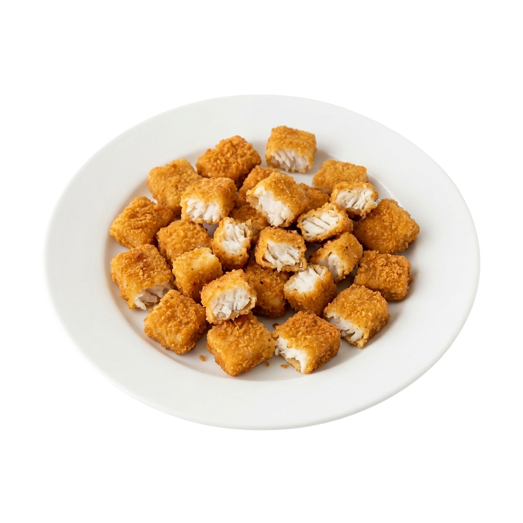 A white plate filled with golden-brown fried chicken tenders