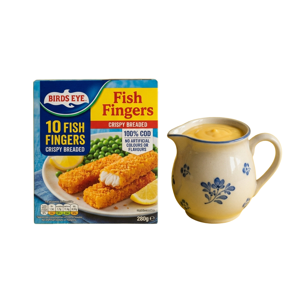 Box of frozen fish fingers next to a pitcher of creamy dipping sauce
