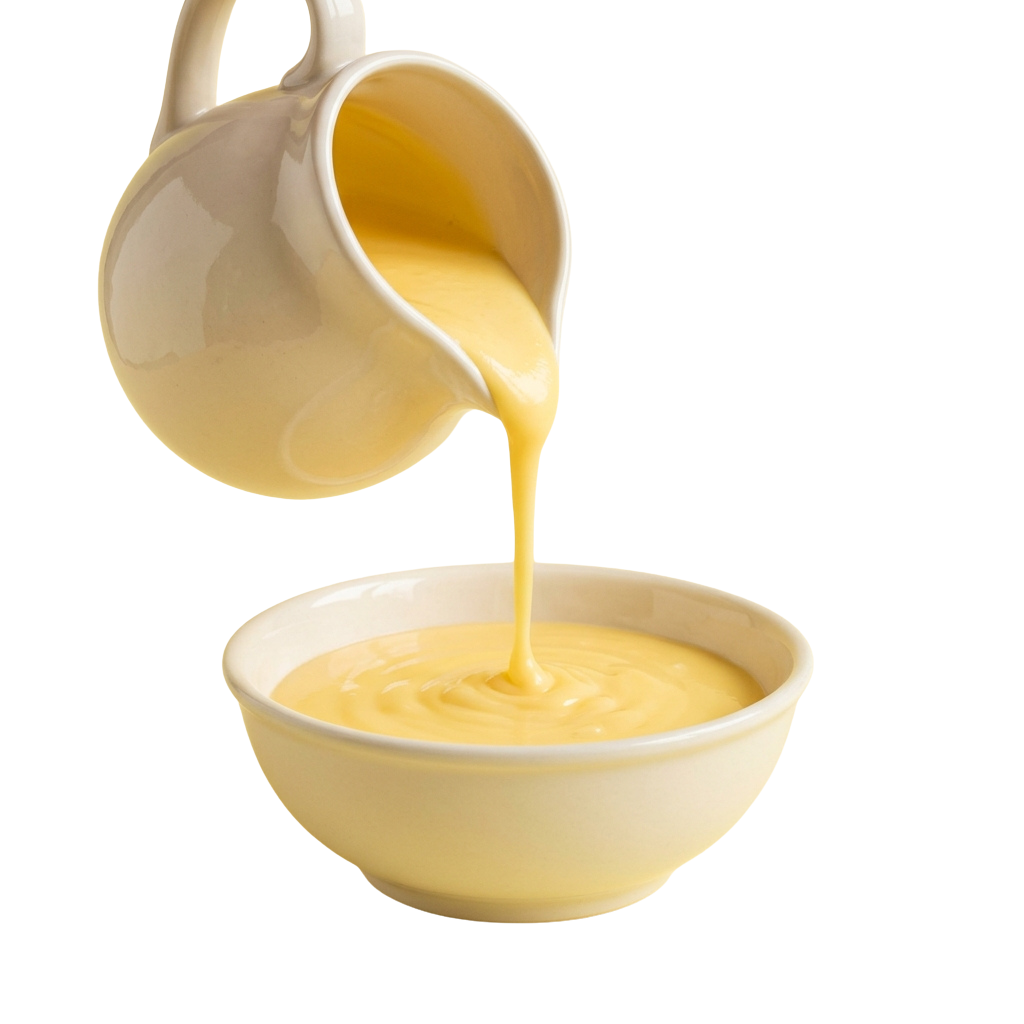 A white pitcher pouring thick yellow sauce into a white bowl