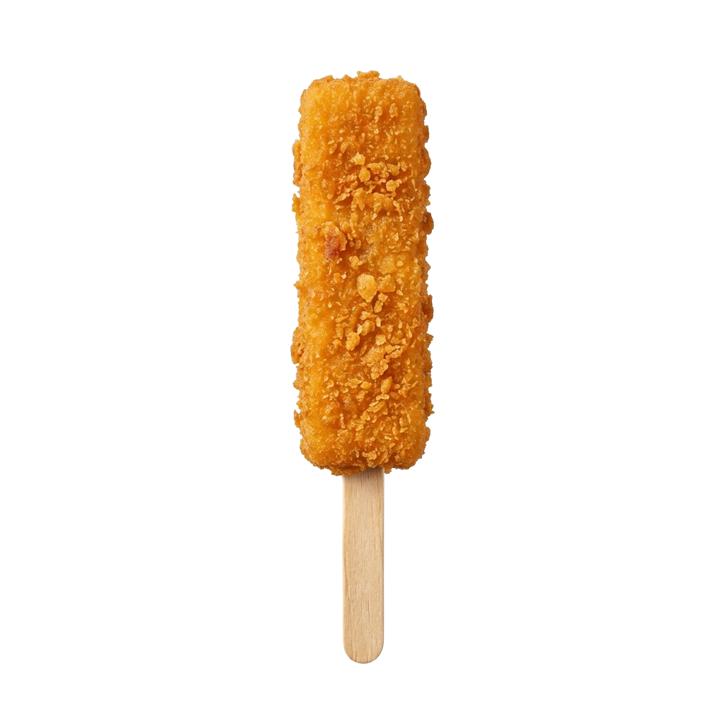 A single piece of golden fried chicken on a wooden stick against a black background
