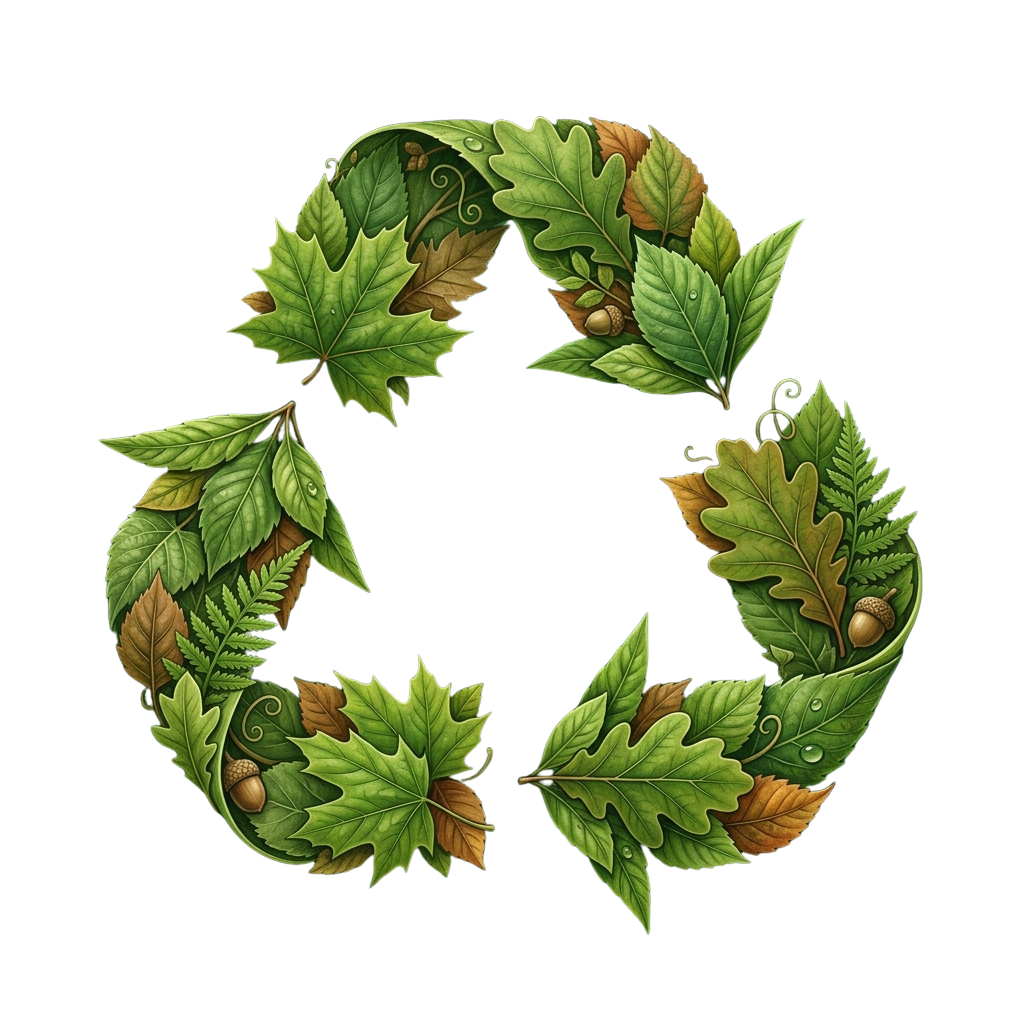 Recycling symbol made of green leaves, acorns, and ferns on a black background