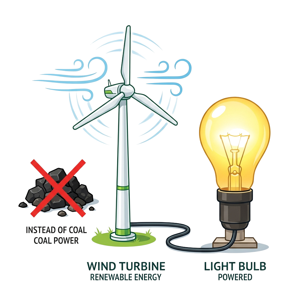 Illustration showing a wind turbine generating renewable energy to power a light bulb, replacing coal power.