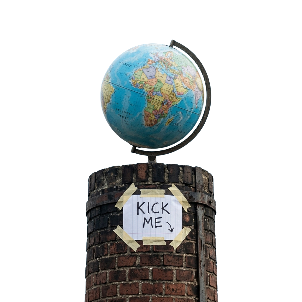 Globe on a pillar with a sign taped on that reads Kick Me with an arrow pointing downwards