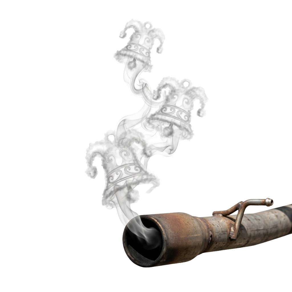 A white, stylized horse figure emerging from an exhaust pipe with smoke effect.