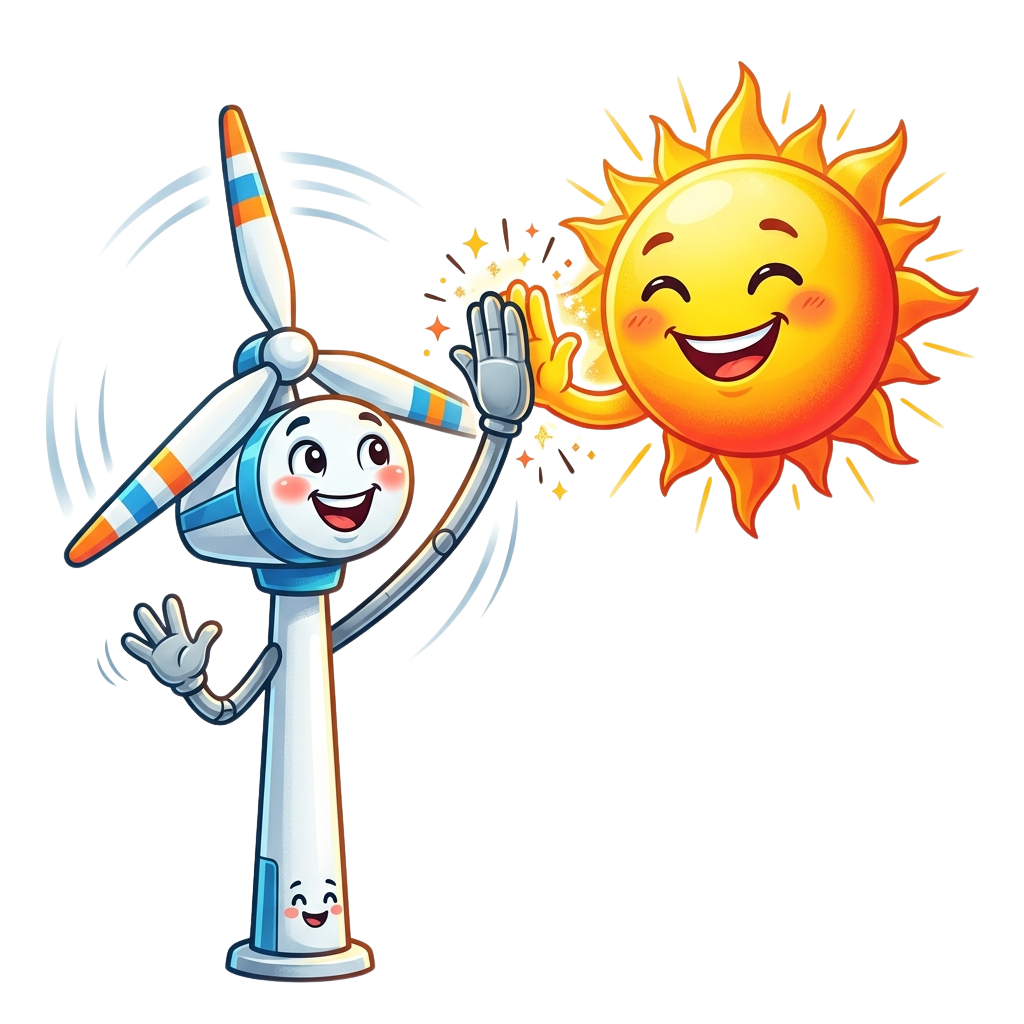 Animated wind turbine character high-fiving a smiling sun with energy sparks around them