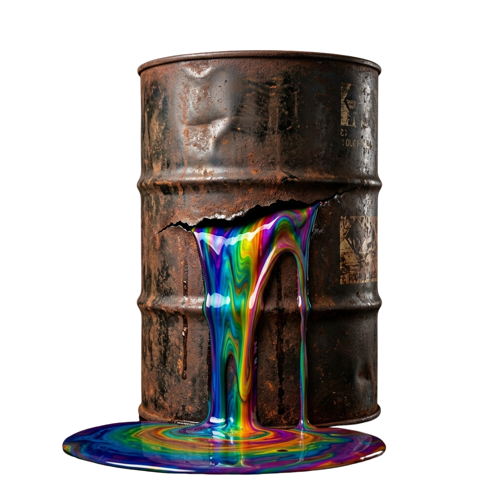 A rusty metal drum with a vibrant, rainbow-colored liquid pouring out and pooling below.