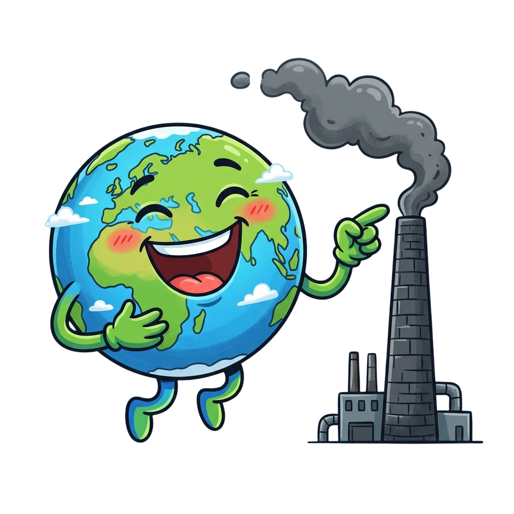 Animated Earth character laughing and pointing at a factory emitting smoke.