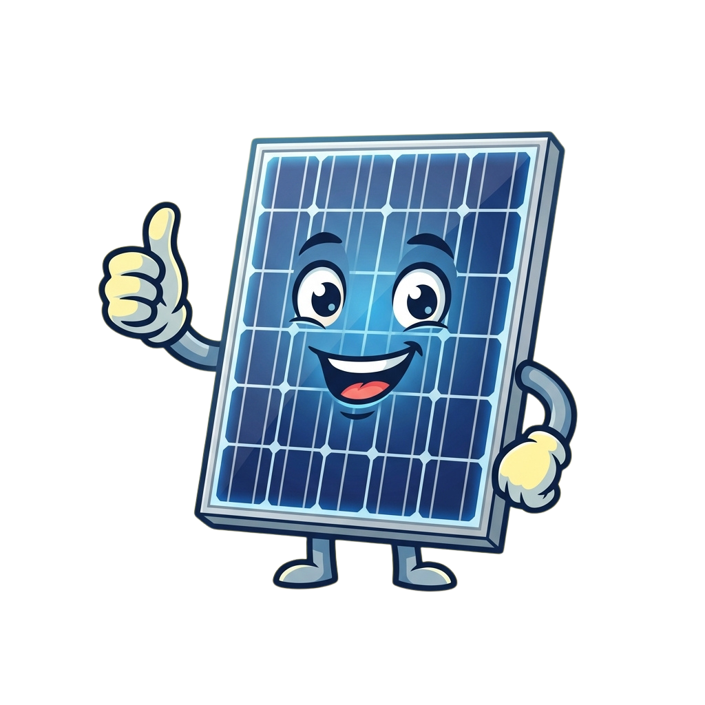 Animated smiling solar panel character giving a thumbs-up with arms and legs